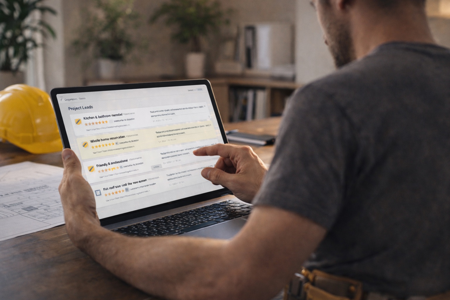 Builder reviewing qualified project leads on a laptop at a work desk, with building plans and a hard hat nearby.