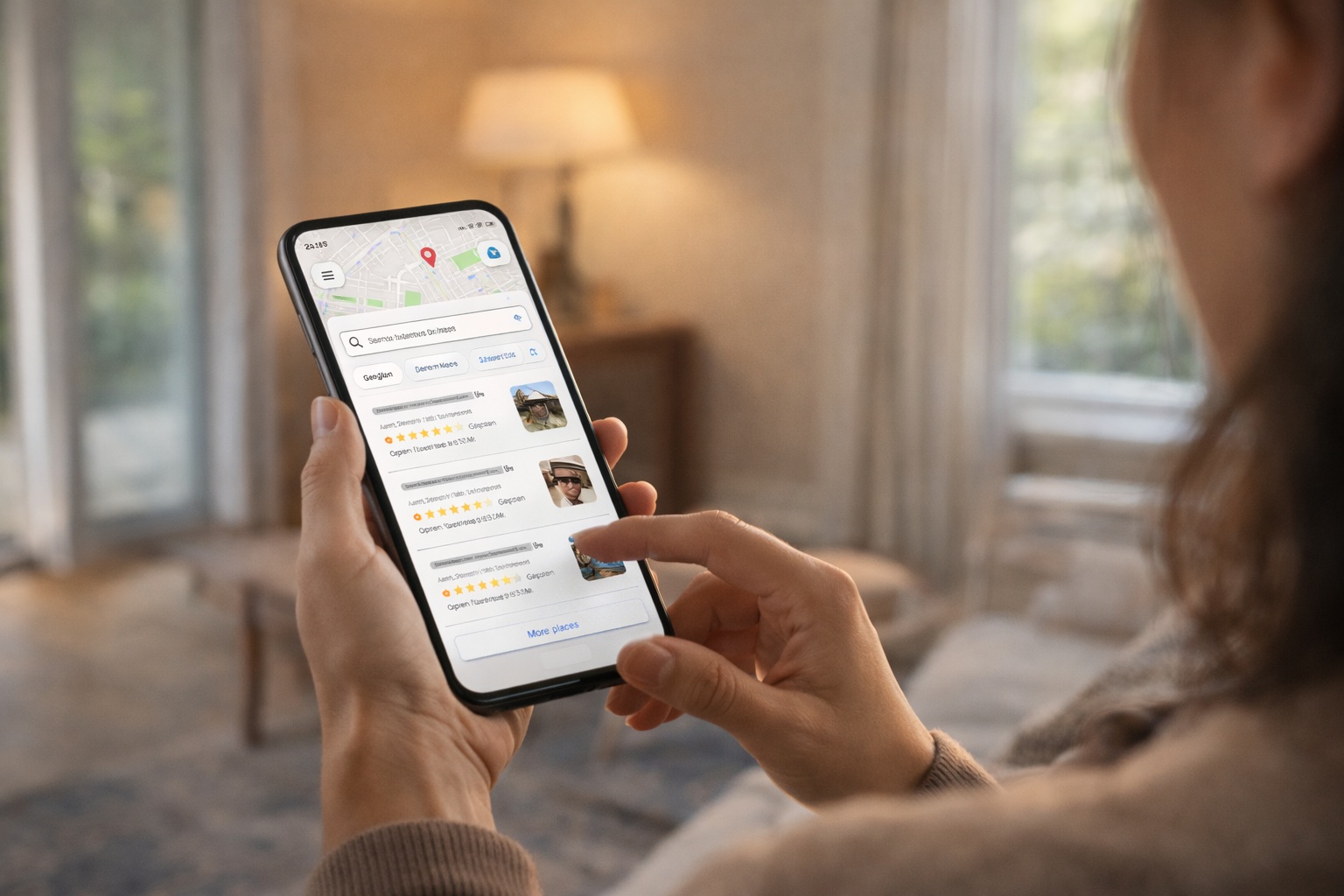 Person using a smartphone to search local service businesses on Google Maps, showing map results and customer reviews in a home setting.