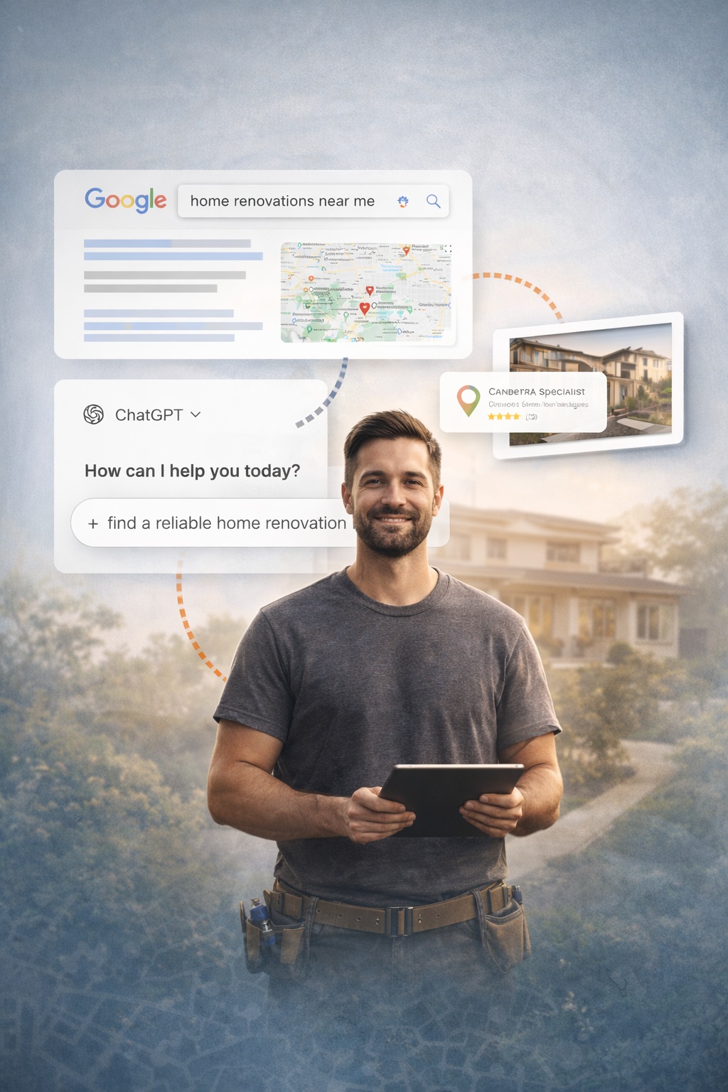 Builder standing outdoors holding a tablet, with visual overlays showing Google search results and local business listings for home renovations.