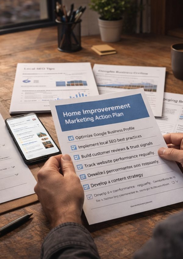 Home improvement business owner reviewing a printed marketing action plan and checklists at a desk, with guides, notes, and a phone nearby.